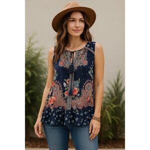 Bila Womens Tank Top Red Blue Floral Paisley  Ruffle Sleeveless Small Bohemian